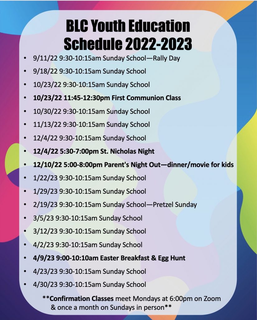 BLC Youth Education Schedule – Bethlehem Lutheran Church